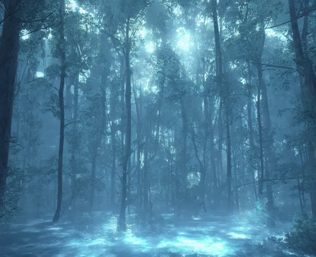Prompt: blue forest, glowing, unreal engine 5, raytracing, hyperreal, digital art, highly detailed, artstation