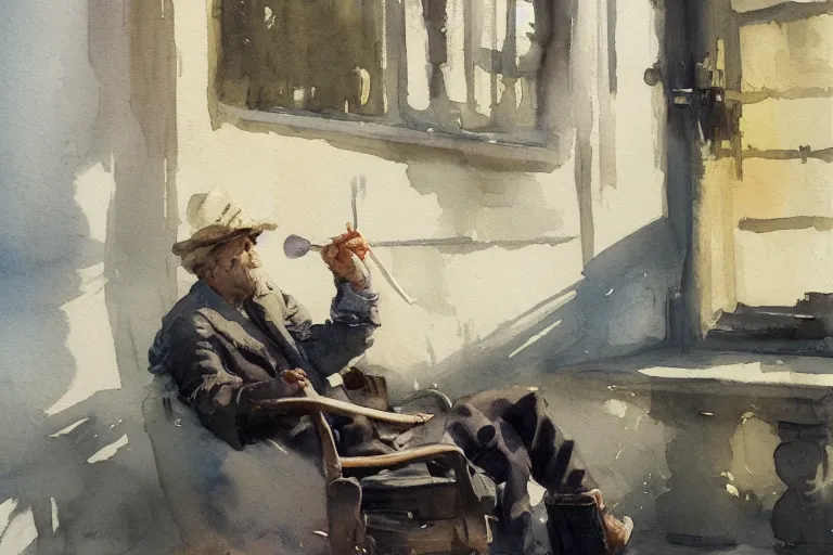 Prompt: small centered on watercolor paper, paint brush strokes, abstract watercolor painting of old man sitting, poor bum, cinematic light, national romanticism by hans dahl, by jesper ejsing, by anders zorn, by greg rutkowski, by greg manchess, by tyler edlin