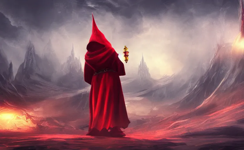 Image similar to red hooded mage, holding a golden bell, standing in front of an enormous arcane gate to another realm, mindblowing, concept art, matte, illustration, ominous, magical, dnd, 4 k uhd, very detailed