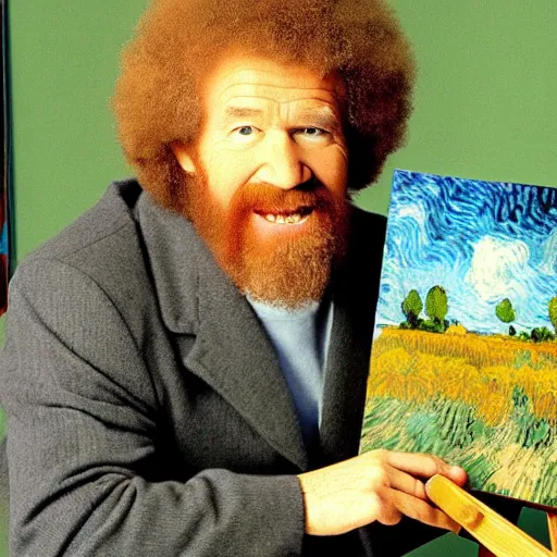 Prompt: ! bob ross! at his easel, painting a van gogh picture