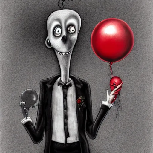 Image similar to surrealism grunge cartoon portrait sketch of slender man with a wide smile and a red balloon by - michael karcz, loony toons style, corpse bride style, horror theme, detailed, elegant, intricate