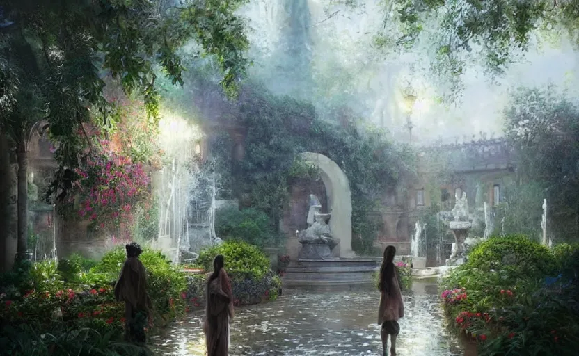 Image similar to Beautiful garden, next to a fountain and a mystical palace, intricate, elegant, volumetric lighting, digital painting, highly detailed, artstation, sharp focus, illustration, concept art, ruan jia, steve mccurry