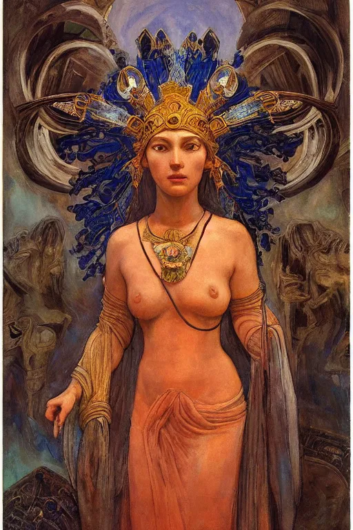 Prompt: goddess of the ancient city by Annie Swynnerton and Nicholas Roerich, strong dramatic cinematic lighting , ornate headdress , flowing robes, lost civilizations, smooth, sharp focus, extremely detailed