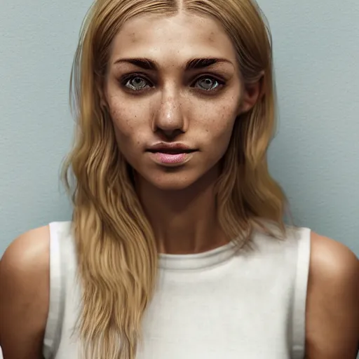 Image similar to Portrait of a Blonde Girl, Young Beautiful Face, Green Eyes, Freckles, Wearing a white crop-top and jeans, with a subtle smile, Detailed, 8K, Epic, Charming, Character, Octane Rendering, Hyper Realistic