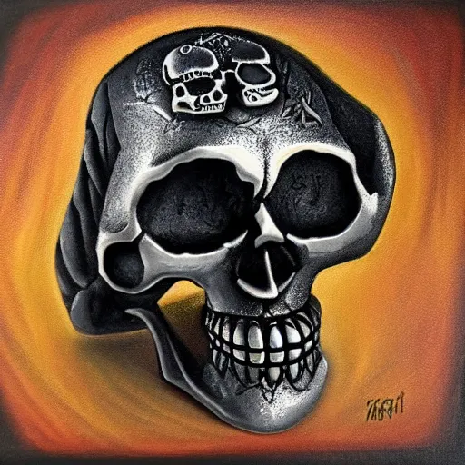 Image similar to platinum ring with a skull. cinematic. intricately detailed acrylic painting