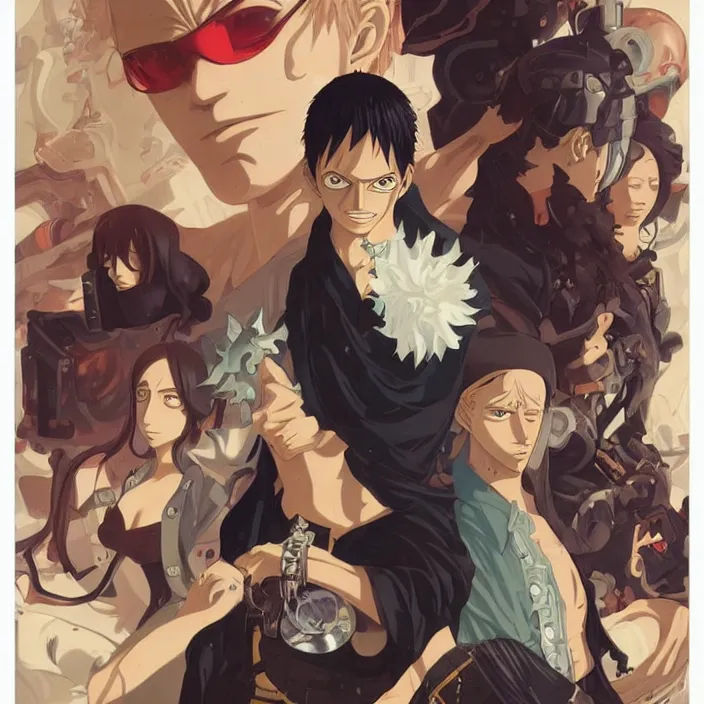 Image similar to anime portrait one piece, futuristic science fiction, mucha, hard shadows and strong rim light, art by jc leyendecker and atey ghailan and sachin teng