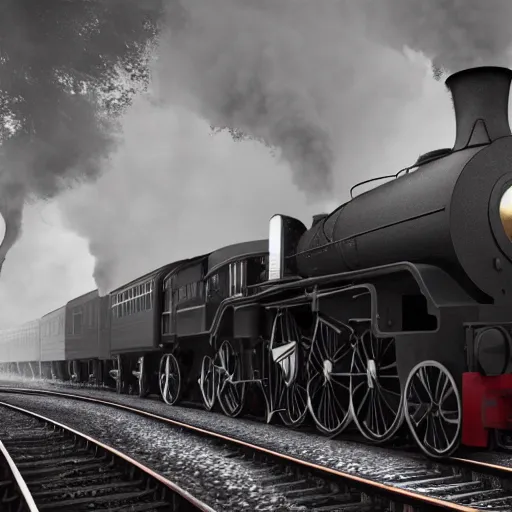 Image similar to a black steam locomotive pulling a train into a Victorian era crowded train station, slight fog, highly detailed, octane render, unreal engine 5