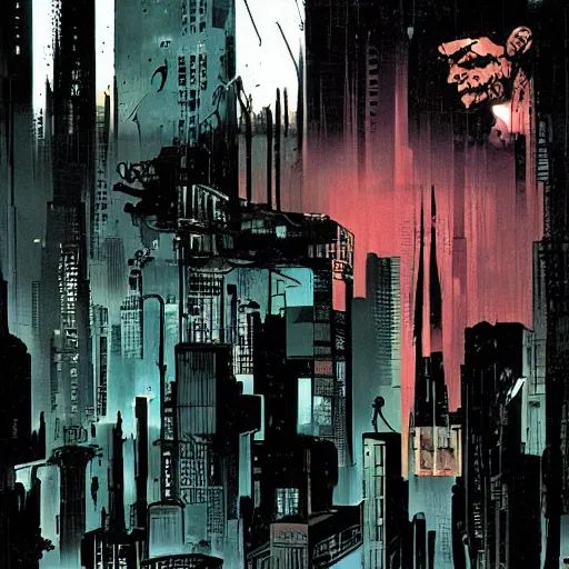 Image similar to cyberpunk city noir by dave mckean and mike mignola