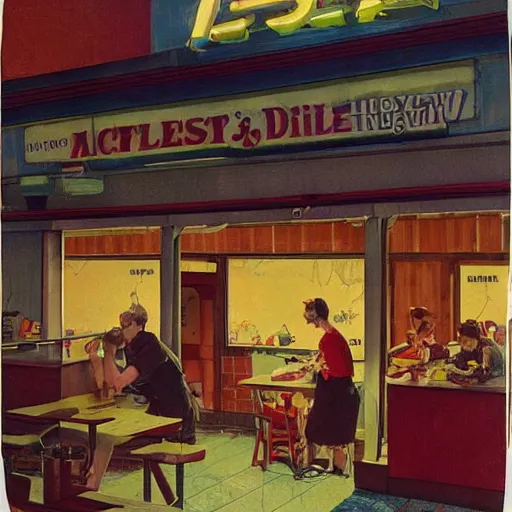 Image similar to a roadside diner open since the 7 0 s in ohio. free coffee refills, daily specials, and a door you must never open, high quality high detail art by angus mcbride and norman rockwell and nc wyeth, hd, realistic, photorealistic lighting, modern supernatural horror.