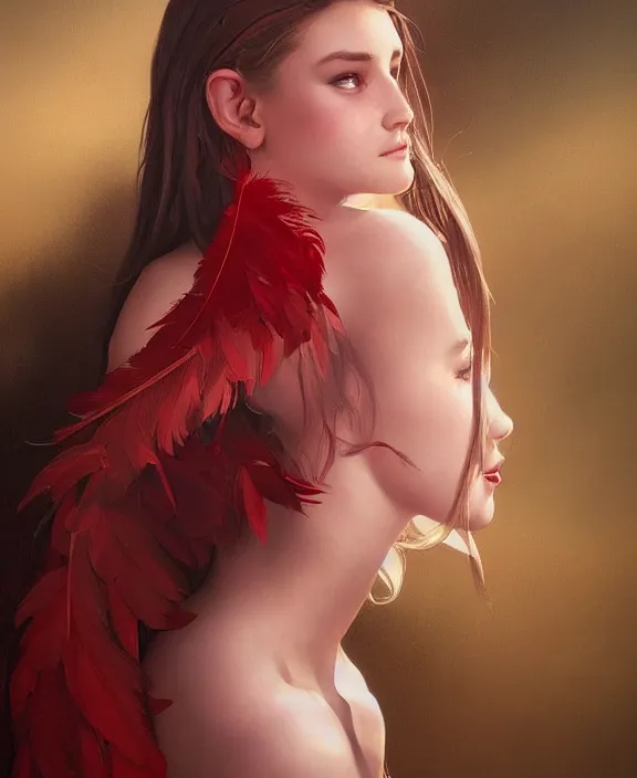 Image similar to teen girl in dress made of red feather, realistic portrait, highly detailed, digital painting, artstation, concept art, smooth, sharp focus, illustration, cinematic lighting, art by artgerm and greg rutkowski and alphonse mucha and boris vallejo and frank frazetta