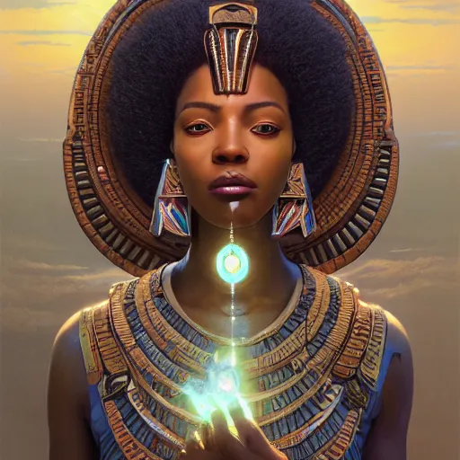 Image similar to highly detailed portrait of an african egyptian goddess, intricate alien technology, stephen bliss, unreal engine, fantasy art by greg rutkowski, loish, rhads, ferdinand knab, makoto shinkai and lois van baarle, ilya kuvshinov, rossdraws, tom bagshaw, global illumination, radiant light, detailed and intricate environment