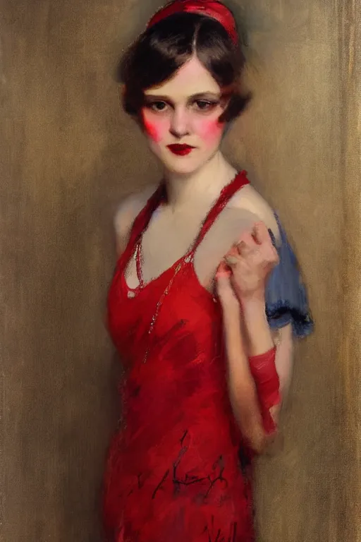 Image similar to Solomon Joseph Solomon and Richard Schmid and Jeremy Lipking victorian genre painting full length portrait painting of a young beautiful woman 1920s flapper , red background