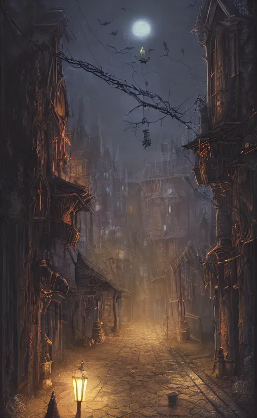 Image similar to dark fantasy concept art of a neighbor hood view at night of a Halloween decorated street, dynamic lighting, photorealistic, cinematic, ultra detailed, trending on art station, creepy, lonely vibe, stunning visuals, extreme detail, eery vibe