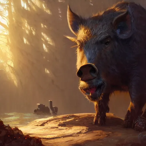 Image similar to highly detailed big boar, stephen bliss, unreal engine, fantasy art by greg rutkowski, loish, rhads, ferdinand knab, makoto shinkai and lois van baarle, ilya kuvshinov, rossdraws, tom bagshaw, global illumination, radiant light, detailed and intricate environment