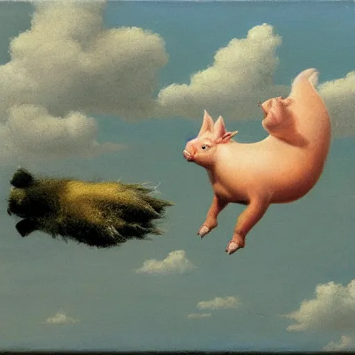 Image similar to Michael Sowa, flying pig