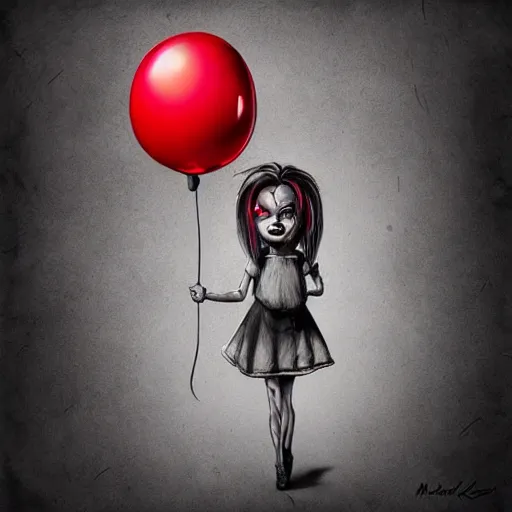 Prompt: surrealism grunge cartoon portrait sketch of a flower inside a balloon with a wide smile and a red balloon by - michael karcz, loony toons style, chucky style, horror theme, detailed, elegant, intricate
