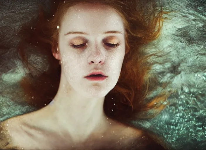 Image similar to Kodak Portra 400, 8K, soft light, volumetric lighting, highly detailed, britt marling style 3/4 by Martin Stranka , portrait photography of a beautiful woman how pre-Raphaelites with her eyes closed,inspired by Ophelia by Martin Stranka, the face emerges from water of Pamukkale, underwater face, anatomical real full body dressed ethereal lace dress floating in water surface , the hair are intricate with highly detailed realistic beautiful brunches and flowers like crown, Realistic, Refined, Highly Detailed, soft blur background, outdoor soft pastel lighting colors scheme, outdoor fine art photography, Hyper realistic, photo realistic