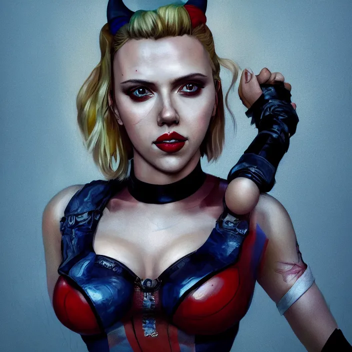 Prompt: portrait of scarlett johansson as a harley quinn. intricate abstract. intricate artwork. by Tooth Wu, wlop, beeple, dan mumford. octane render, trending on artstation, greg rutkowski very coherent symmetrical artwork. cinematic, hyper realism, high detail, octane render, 8k, iridescent accents