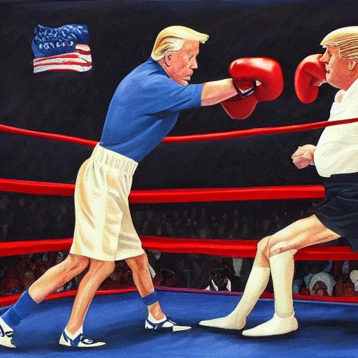 Image similar to Painting of Joe Biden and Donald Trump in a boxing match, realistic