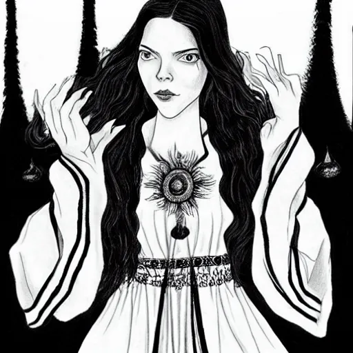 Image similar to black and white pen and ink!!!!!!! Suprani!!!!! sorcerer beautiful attractive long hair Anya Taylor-Joy wearing High Royal flower print robes flaming!!!! final form flowing ritual royal!!! Contemplative stance Vagabond!!!!!!!! floating magic witch!!!! glides through a beautiful!!!!!!! Camellia!!!! Tsubaki!!! death-flower!!!! battlefield behind!!!! dramatic esoteric!!!!!! Long hair flowing dancing illustrated in high detail!!!!!!!! by Hiroya Oku!!!!!!!!! graphic novel published on 2049 award winning!!!! full body portrait!!!!! action exposition manga panel black and white Shonen Jump issue by David Lynch eraserhead and beautiful line art Hirohiko Araki!! Frank Miller, Kentaro Miura!, Jojo's Bizzare Adventure!!!! 3 sequential art golden ratio technical perspective panels horizontal per page