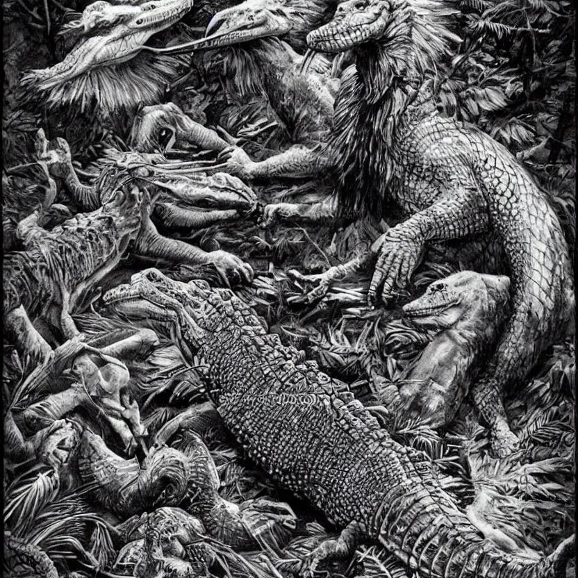 Image similar to crocodile, lion, and stork. wings and feathers. reptile skin, lion muscles. strange anatomy. in a night jungle by water. pulp sci - fi art.