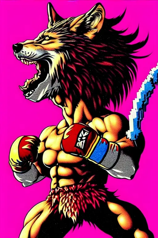 Prompt: extreme long shot. 8 bit nes graphics. 8 0's. vhs artefacts. antropomorphic muscular masculine wolf. kickboxer fighter, in shorts. wolf head. angry. fine details, very sharp, art from nes game cartridge, vaporwave style, marc simonetti and hermann nitsch and anish kapoor.
