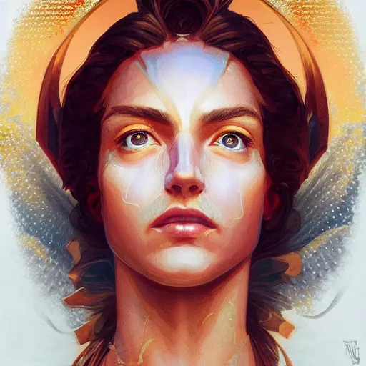 Image similar to symmetry!! portrait of paint with jazza as a saintwith an halo, golden hour, intricate, elegant, highly detailed, digital painting, artstation, concept art, smooth, sharp focus, illustration, art by artgerm and greg rutkowski and alphonse muchca, watercolours