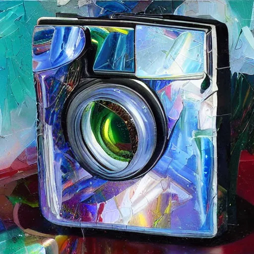 Prompt: camera taking a picture of its own broken lens through a mirror, broken shattered glass, broken shattered mirror, hyper realistic painting, impasto by Angela Moulton, high quality reflections, award winning impasto painting