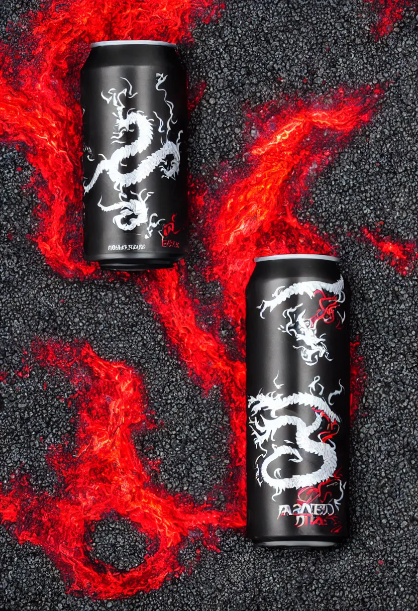 Image similar to one aluminium can of a dragon-flavored energy drink, professional studio photography, black sand and red lava background, packshot