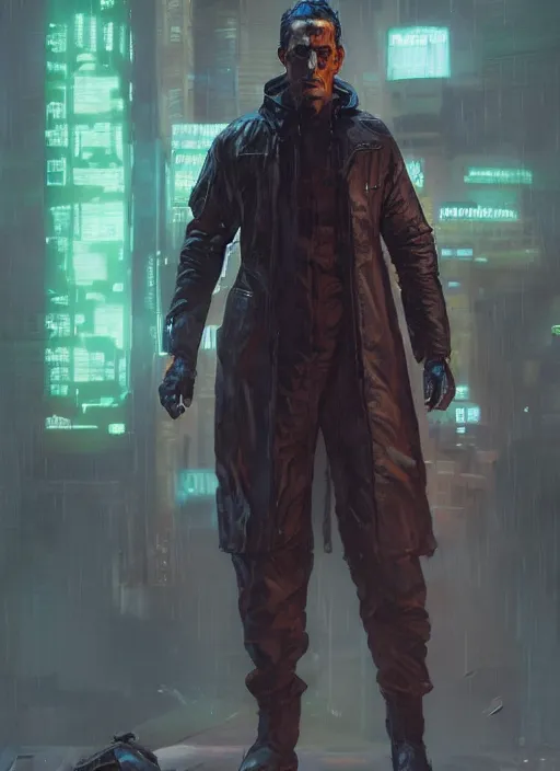 Prompt: frankenstein. cyberpunk cop in tactical gear. plastic raincoat. blade runner 2 0 4 9 concept painting. epic painting by james gurney, azamat khairov, and alphonso mucha. artstationhq. painting with vivid color. ( rb 6 s, cyberpunk 2 0 7 7 )