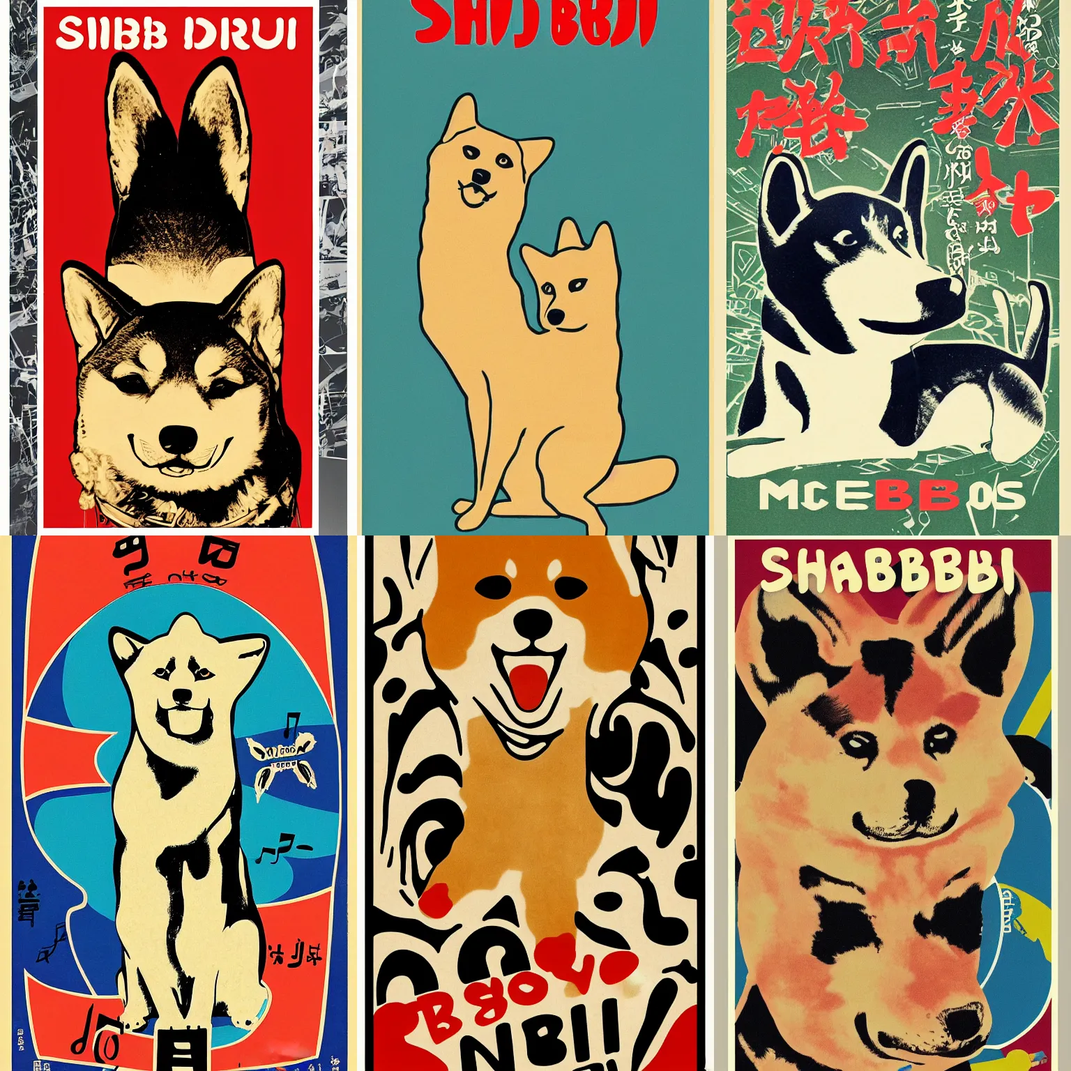 Image similar to Shiba Inu 60s poster, in the style of a music poster 1968