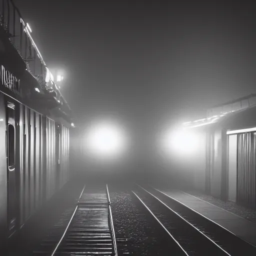 Image similar to photography of busy train station , fog, gigantic monster shape in the fog, small red lights, night, mood, atmospheric, full of colour, digital photography