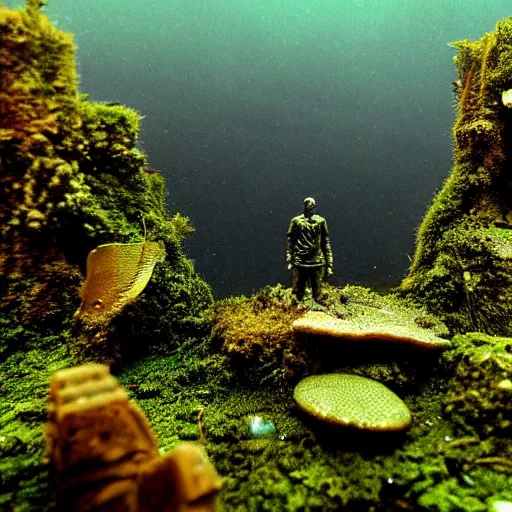 Image similar to Postapocalyptic ruins, Nicolas Cage underwater mossy old statue, ruins, photo, dark, kelp and moss all over, bottom of ocean, far shot, deep ocean, bottom of ocean, dark, 35mm, fish, underwater landscape, 4k, detailed, photorealistic, photo, Atlantis, underwater camera, fish, fish, fish