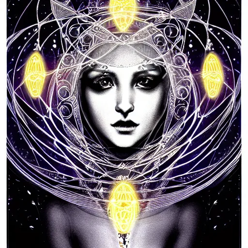 Image similar to a symmetrical portrait of a mystical feminine creature with glowing energies and particals, metal scales, surrounded by spirits, gloomy cinematic lighting, highly detailed, illustrated novel style, comic