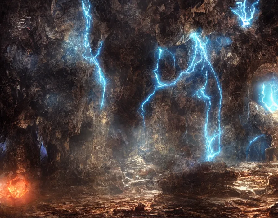 Image similar to old cristian church in deep cave with abstract energy lightning ball, realistic, beautiful texture, beautiful graphics, fantasy artwork, very beautiful scenery, hd, hdr, ue 5, ue 6, unreal engine 5, cinematic 4 k wallpaper, 8 k, ultra detailed