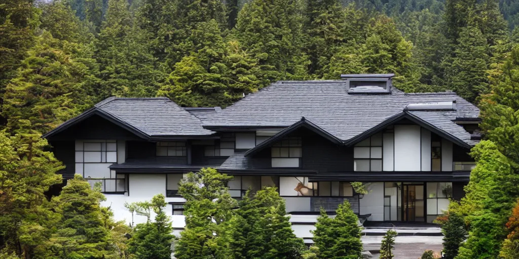 Image similar to futuristic residence, neo - japanese, pacific northwest, black tile roof
