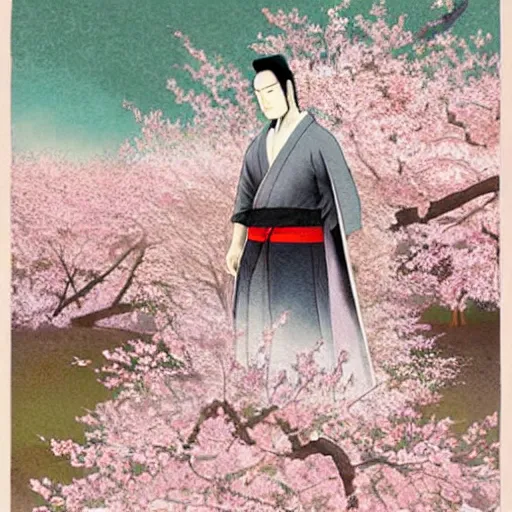 Image similar to a beautiful White cloaked Samurai Warrior with Sword Drawn in a garden of Cherry Blossom Trees :: Mystical, Magical, Supernatural :: by Mitsuru Adachi