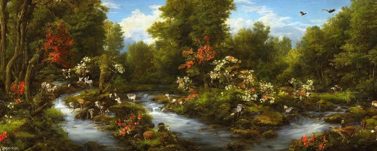 Prompt: a beautiful river running through a forest, flowers, birds, deer, classic painting, award winning, highly detailed