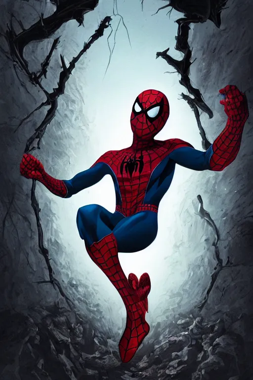 Image similar to spiderman in sleepy hollow, full body, big two toned eyes, teeth gritted, horror, intricate details, cinematic, epic, realistic, anatomy, tomer hanuka, uplight, artstation, photorealistic, scary