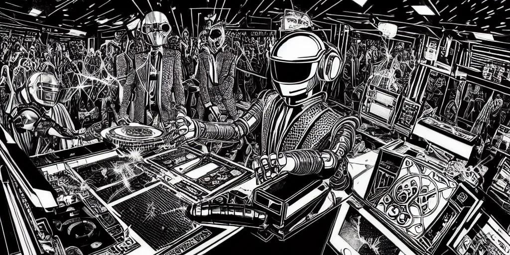 Image similar to intricate detailed artwork of 2 Daft Punk robot rock using dj controller at an underground warehouse rave in Ibiza, playing techno house music, thousands of beautiful girls in bikini dancing, in the style of Moebius, wires, speakers, black and white ink, some ink drips