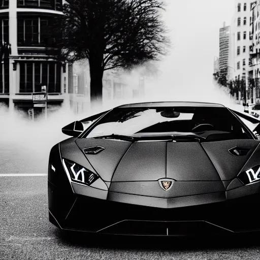 Image similar to black and white press photograph of a man in a suit pushing a lamborghini that is out of gas on a busy city street, sideview, detailed, natural light, mist, film grain, soft vignette, sigma 5 0 mm f / 1. 4 1 / 1 0 sec shutter, imax 7 0 mm footage