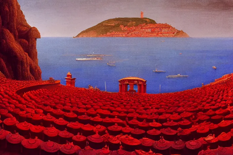 Image similar to only with red, a red great emperor, taormina amphitheatre, expressive crowd with big smile, in the style of beksinski, parts by edward hopper, parts by rodcenko, parts by yue minjun, intricate and epic composition, red by caravaggio, insanely quality, highly detailed, masterpiece, red light, artstation, 4 k