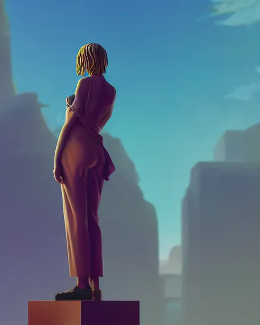 Image similar to a painting of a woman standing in front of a statue, a screenshot by stanley twardowicz, cgsociety, aestheticism, aesthetic, vaporwave, anime aesthetic