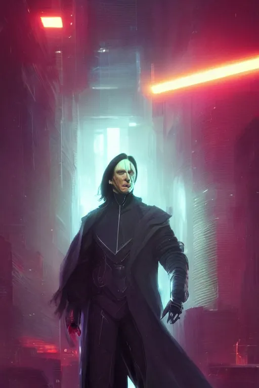 Image similar to portrait of cyborg severus snape in cyberpunk, neon lighting, night city, digital art from artstation by Ruan Jia and Mandy Jurgens and Artgerm and william-adolphe bouguereau and Greg Rutkowski