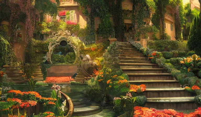 Image similar to dreamlike VILLA D'ESTE GARDENS fantasycore, glossy painting, Art Nouveau Cosmic 4k Detailed Matte Illustration featured on Getty Images ,CGSociety, Jade and Carrot orange color scheme, Pastiche by Marc Simonetti, Pastiche by Cedric Peyravernay