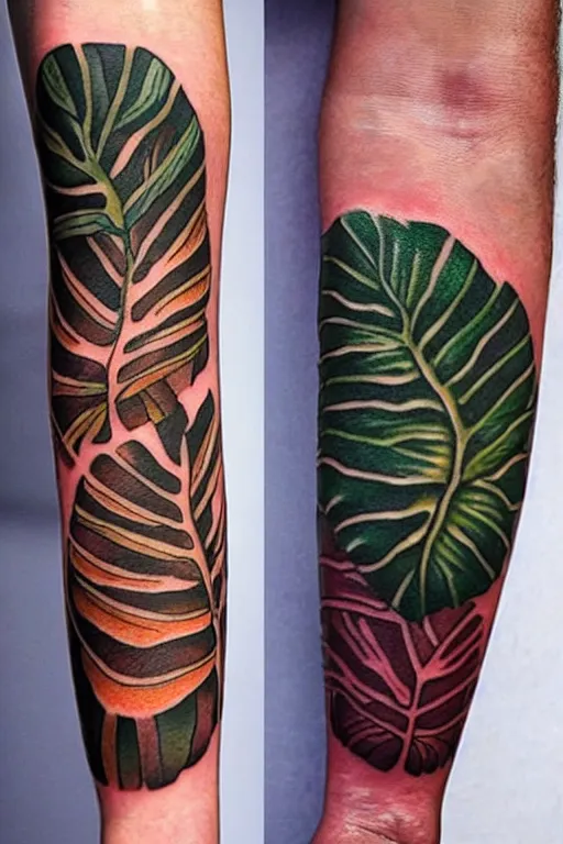 Image similar to tattoo of a monsters deliciosa leaf and a alocasia zebrina leaf