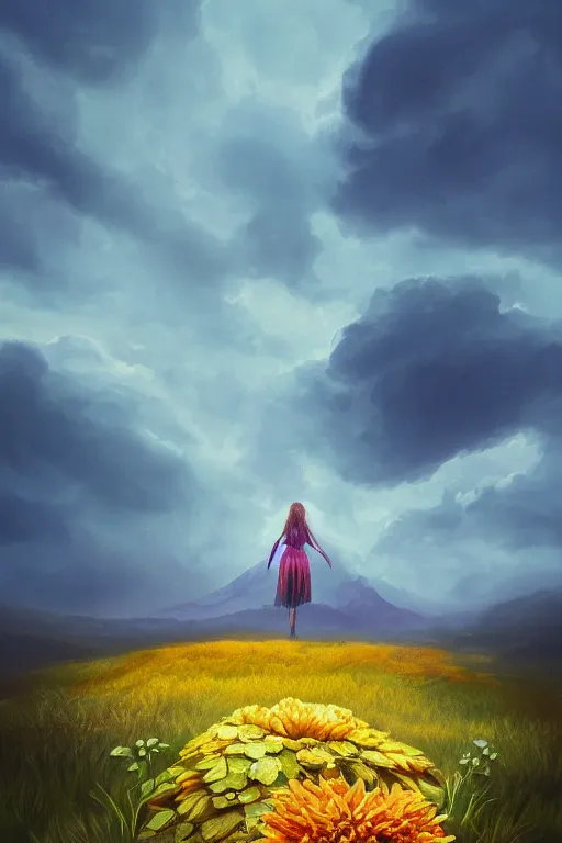 Image similar to perspective giant dahlia flower as head, girl standing on mountain, surreal photography, blue storm clouds, dramatic light, impressionist painting, digital painting, artstation, simon stalenhag