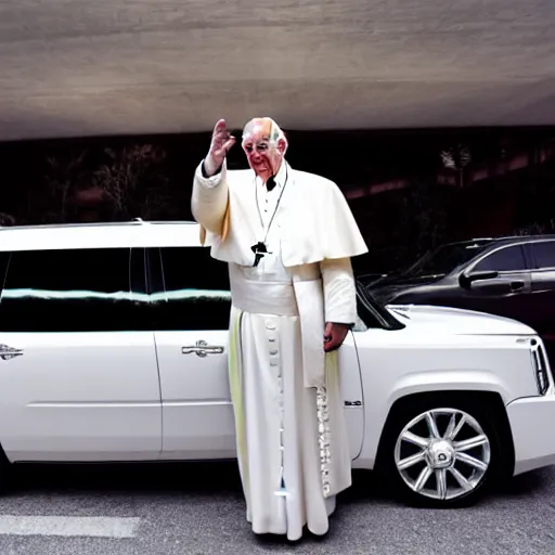 Prompt: The pope wearing a gangster chain and throwing gang signs in front of a white escalade, 4k, digital photograph