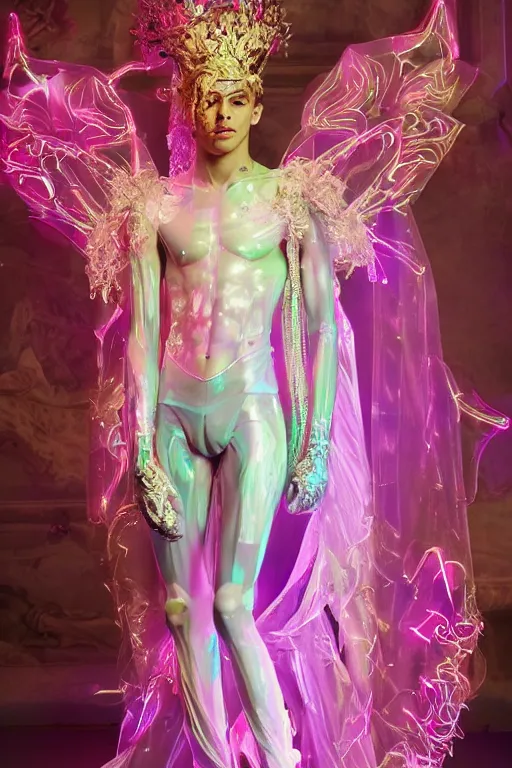 Image similar to full-body rococo and cyberpunk delicate neon crystalline sculpture of (((muscular slender prince Zayn Malik))) as an iridescent humanoid deity wearing a thin see-through ((plastic hooded cloak)) sim roupa (holding a human skull), reclining con (las piernas abiertas), glowing pink face, crown of (((white lasers))), large diamonds, swirling black silk fabric. futuristic elements. oozing glowing liquid, full-length view. space robots. intricate artwork by caravaggio. Trending on artstation, octane render, cinematic lighting from the right, hyper realism, octane render, 8k, depth of field, 3D