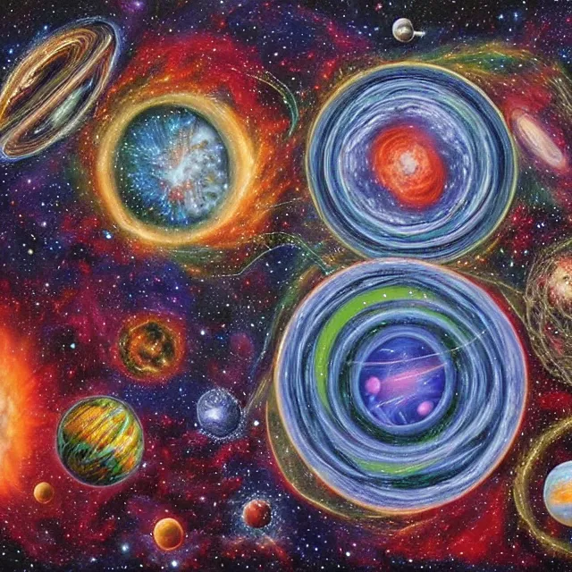Prompt: cosmic entity in big bang surrounded by the universe and planets, detailed painting by alex gray